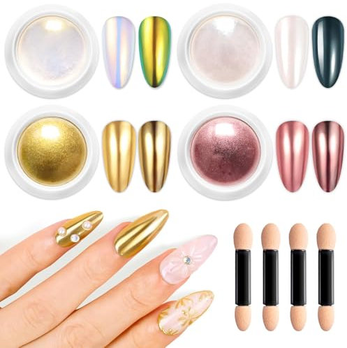 BISHENGYF Rose Gold Chrome Nail Powder: Mirror Effect Chrome Powder for Nails Glitter LONG-LASTING, Pearl Aurora Mermaid Glazed Donut Nail Powder, Ice Holo Pigment Nail Art DIY Design Decora 4-Color