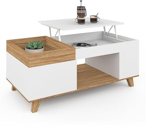 IDMarket - Table Basse rectangulaire Plateau relevable et Plateau Amovible avec Coffre Lola Bois et Blanc