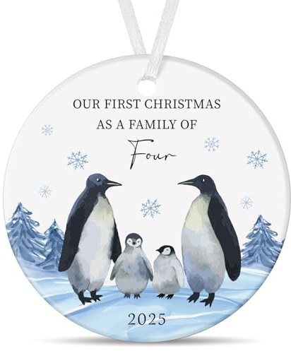 Tenare 2025 First Christmas as a Family of Four Penguin Design Ceramic Bauble Ornament for Xmas Tree Personalised Decoration Family New Baby Gift Baby's First Christmas Keepsake New Parents Gift