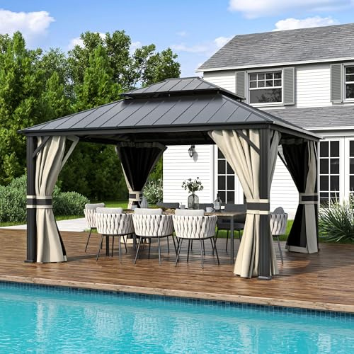 Amopatio 3.65 x 4.25 m Gartenpavillon Wasserdicht Stabil Winterfest Hardtop Pavillon, Verzinkter Stahl Doppeldach Aluminium Pavillon mit Moskitonetz und Vorhänge für Garten, Terrasse, Rasen, Beige