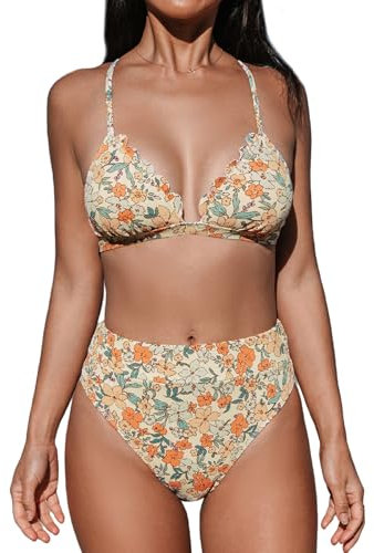 CUPSHE Damen Bikini Set V Ausschnitt Wellenkante High Waist Bikini Triangel Blumenmuster Texturierte Bademode Zweiteiliger Badeanzug Swimsuit Gelb/Blumenmuster M