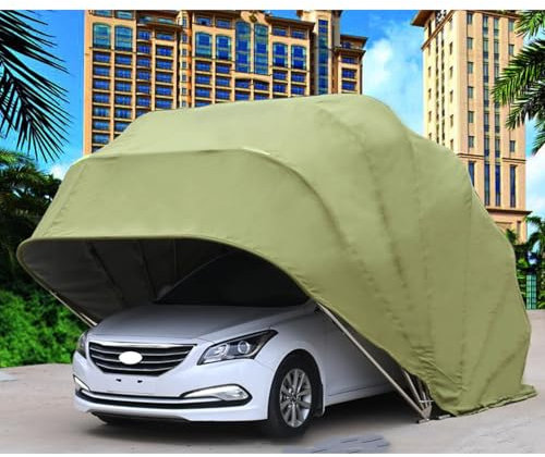 Carport Heavy Duty, Semi-automatico Pieghevole Riparo For Auto Garage Portatile, Tendalino Retrattile For Auto Con Struttura In Metallo For Auto, Camion, Barca, Tendalino For Auto Con Telo(Green,18x8.