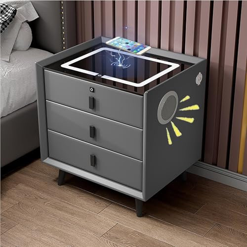 YUMEIGE Nightstand with Wireless Charging Station and LED Lights, Modern Bedside Table with Fingerprint Lock Storage Drawer for Bedroom(GREY,3)