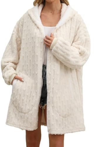 Teddy Coat for Women UK Flannel Fleece Jacket Zip up Hooded Pyjamas Fluffy Pajama Winter Warm Outerwear Thickened Plush Home Wear Fuzzy Sherpa PJs Loungewear Comfy Soft Nightwear with Pocket White