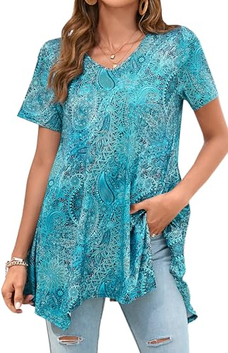 Enmain Womens Tunic Tops Summer V Neck Short Sleeve T Shirt Ladies Tunics for Leggings Casual Elegant Dressy Tunic Style Shirts Blouse Swing Top