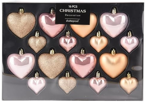 MIJOMA Set di 16 palline per albero di Natale, infrangibili, 2 misure 65 mm e 45 mm, ciondolo natalizio, a forma di cuore o a forma di stella, decorazione per albero di Natale opaco, lucido, glitter