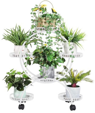 Unho Metal Plant Stand White: 6-Pot Flower Rack With Wheels for Patio, Garden, Living Room, Corner, Balcony and Bedroom - Stylish Display Stand