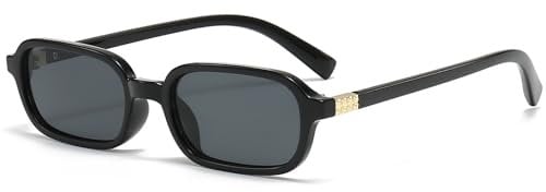 Laurinny Retro Rectangle Sunglasses for Women Men Vintage 90s Square Narrow Rectangular Sunglasses(Black/Grey)