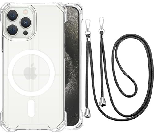 CAROKI Crossbody Lanyard Case for iPhone 13 Pro Max, Ultra Clear Hard Back Magnetic Case Compatible with MagSafe Bumper with Strap Adjustable Neck Cord Necklace Cover for iPhone 13 Pro Max-Clear