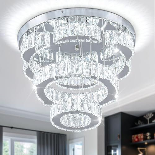 FRIXCHUR 15,7 Kristall Kronleuchter, 2 Ringe Runde Unterputz Deckenleuchte, Moderne Blumen LED Kronleuchter Pendelleuchten für Wohnzimmer, Esszimmer, Schlafzimmer (kaltweiß)