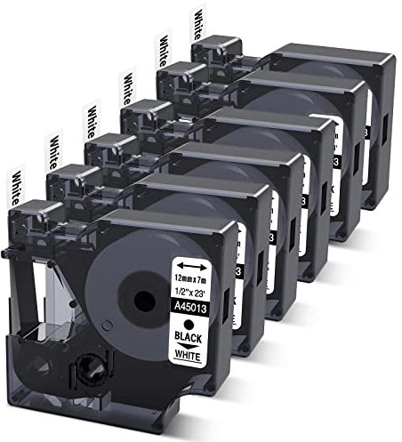 6x 45013 Etikettenband 12mm Kompatibel mit Dymo D1 12mm x 7m S0720530 Schwarz auf Weiß für LabelManager 160 210D 280 360D 420P Beschriftungsgerät, a45013 45113 Schriftbänder
