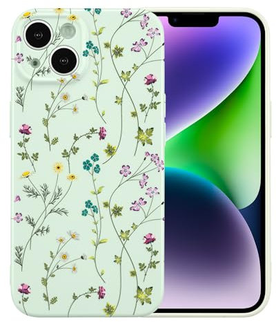 RALEAVO Flower Case for iPhone 14 Plus (6.7”), Girls Floral Silicone ShockPlusof Case Cover with Cute Patterns Plustective Case for iPhone 14 Plus-Green