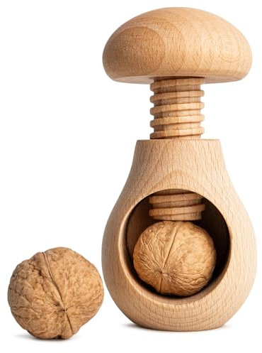 Creative Home Casse Noix Casse-Noisette en Bois Naturel | Broyeur Manuel pour la Cuisine | 10 x 7 cm | Forme de Champignon | Hêtre Naturel | avec Mécanisme à Vis | Solide et Durable