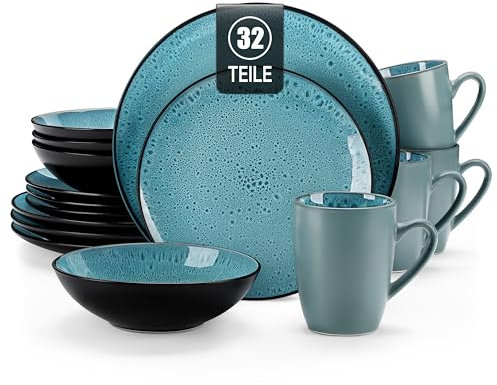 Geschirrset Steinzeug, vancasso BUBBLE 32-tlg Geschirr Set 8 Personen, Reaktive Glasur Tafelservice mit Teller Set, Schalen und Tassen Set aus Steingut