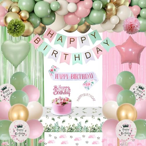 Decoration Anniversaire, Anniversaire Décorations Vert Rose Or Ballons Kit Banderole Joyeux Anniversaire Pom Poms Confetti Echarpe Couronne Deco Rideau Nappe Couronne Anniversaire pour Fille Femme