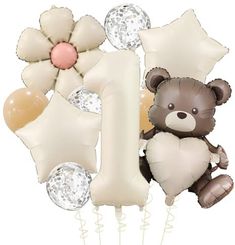 Bär Geburtstagsdeko 1 Jahr Junge mit Gänseblümchen Folienballon,Bär Deko 1. Geburtstag Mädchen Junge, Bären Luftballon 1. Geburtstag Deko Set mit Zahl 1 Ballon,Erster Geburtstage Mädchen Deko Geschenk