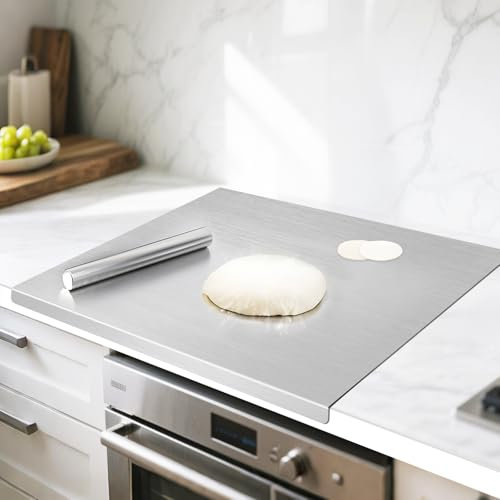 304 Stainless Steel Cutting Board 50cm x 50cm Heavy Duty Chopping Board with Rolling Pin Stainless Steel Worktop Protector for Kneading Rolling Bread Dough Meat Vegetables (50cm x 50cm)