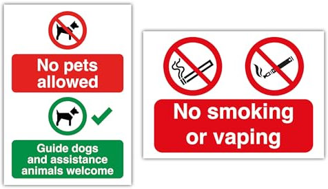 Pack of 2: 1 Piece No Pets Allowed, Guide Dogs and Assistance Animals Welcome & 1 Piece No Smoking or Vaping Signs Self Adhesive Vinyl Stickers (148mm x 210mm)