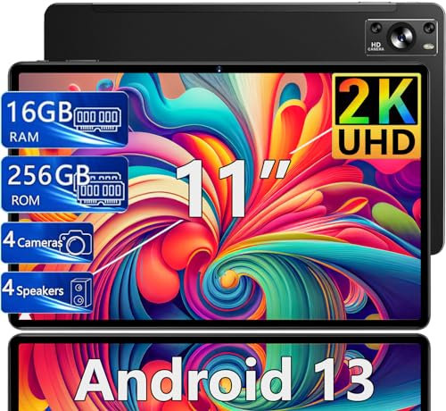 Dghrti Tablet 11 Pulgadas 16GB RAM+256GB ROM(1TB TF), 2K Pantalla 2000 * 1200 UHD, Android, WiFi 5G, BT 5.0, 8 Cores, 4 Altavoces, 8600mAh, 20MP+8MP, Cuerpo Metálico, con Funda, Negro