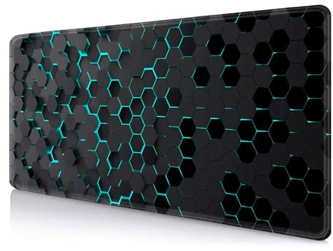 IMAYONDIA Großes Gaming-Mauspad mit Wabenmuster, Größe XL, 90 x 40 cm, geometrische Formen, cooles, extra großes Mauspad, Computer-Pad, rutschfeste Gummi-Schreibtischunterlage, Schwarz / Blau