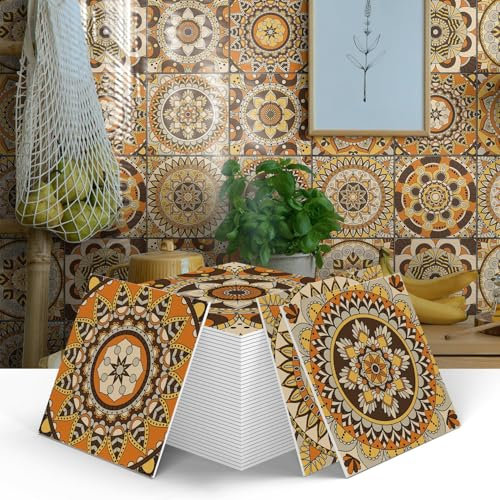 12pcs Moroccan Tile Stickers Orange, Thicker Kitchen Bathroom Wall Tile Stickers Peel and Stick on Tile for Fireplace Surround Self Adhesive Vinyl Waterproof Mosaic Art (15cm x 15cm, 6x6 inches)
