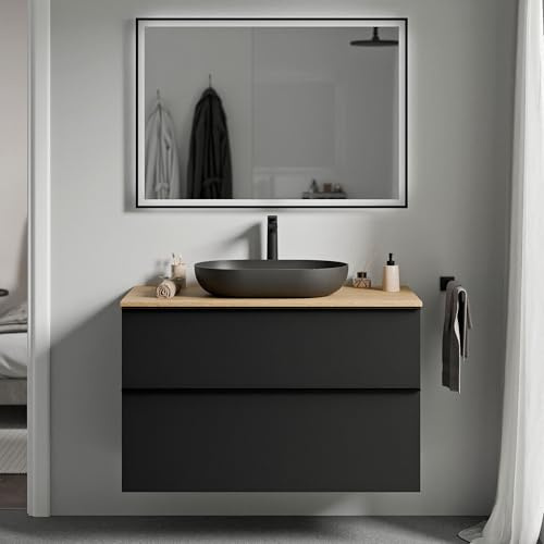 BERNSTEIN - Waschbeckenunterschrank für Badezimmer, MDF, schwarz, matt, Waschtisch, Eiche Honig, Griff aus Metall, schwarz matt – 80 x 46 x 62 cm – LAVOA