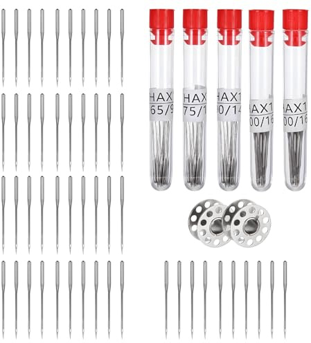 Nähmaschinennadel-Set, 5 Größen, Nähzubehör, Overlock-Nadeln für Brother, Singer, Janome, Maschinennadel-Set mit 3 Spulen und 5 Etikettenflaschen 65/9, 75/11, 90/14, 100/16, 110/18, 50 Stück