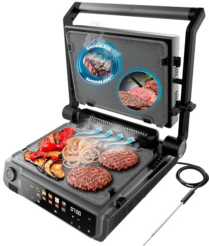 Cecotec Rock'nGrill 2000 Smash PerfectCook Elektrogrill mit Grill, 2000W, Temp-Sonde, Smash Burger, Smokeless, Dual Temp, Fettauffangplatte, wendbare Platten, Oberfläche 30 x 21 cm, Edelstahl
