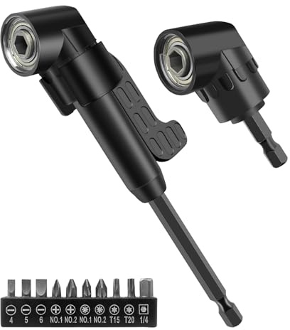 BuxiuGK 12 PCS 105° Right Angle Drill Attachment Set,1/4 inch Hex Shank Corner Tool Screw Hub with 10 Multi-Function Bend Screwdriver Bit for Tight Spaces((Long+Short)