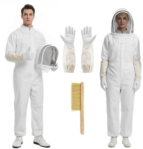 Imkeranzug Imkerei Anzug Ganzkörper Schutzanzug mit Schleier Kapuze Handschuhe, Stichfeste Bienen Schutzbekleidung für Garten und Imkereibedarf, Unisex Weiß (XL)