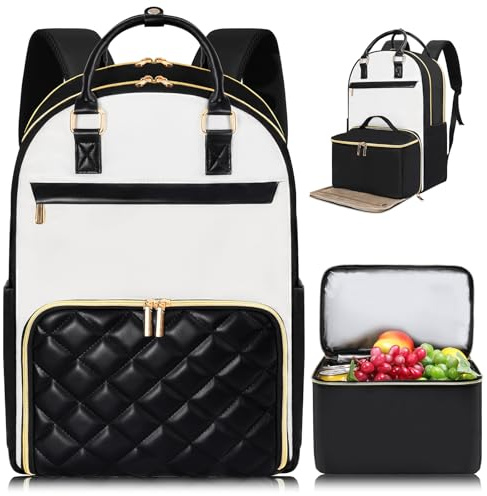 Jetviivid Lunch Backpack for Women, Laptop Backpack with Lunch Box for Work | 15.6 Computer Backpack with Insulated Cooler Lunch Compartment for Business Office College Teacher Nurse Travel, Black-Beige