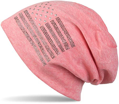 styleBREAKER Beanie Mütze USA Flaggen Design mit Strass-Applikationen, Unisex, Jersey leicht Übergang Frühling Herbst, Farbe:Koralle