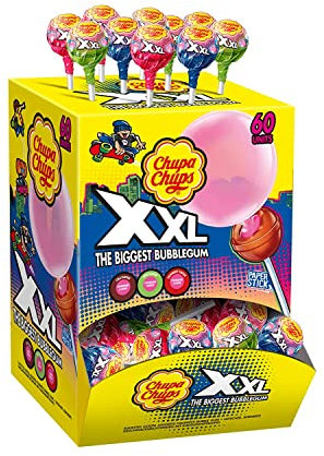 Chupa Chups - Boite de 60 Sucettes XXL Avec Coeur Bubble Gum - Parfums Fraise, Pomme, Cola pour la Sucette + Chewing Gum - Géantes - 1,74 Kg