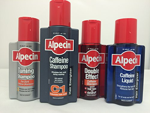Alpecin Dr. Wolf komplett-Set (ALPECIN COFFEIN SHAMPOO 250 ml, ALPECIN Doppeleffekt-Shampoo 200 ml, Tuning Shampoo 200 ml und ALPECIN COFFEIN Liquid 200 ml)