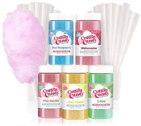 Cotton Candy Express Floss Sugar Variety Pack with 5 - 11oz Plastic Jars of Lime, Watermelon, Pina Colada, Blue Raspberry, Pink Vanilla Flossing Sugars Plus 50 Paper Cotton Candy Cones