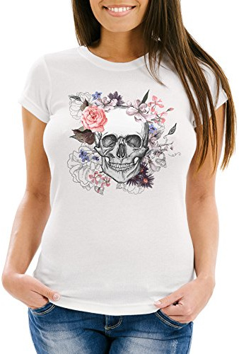 Neverless Damen T-Shirt Totenkopf Blumen Flower Skull Boho Schädel Slim Fit Weiss XL