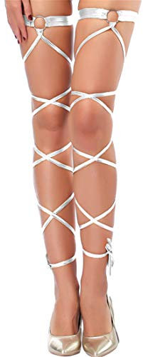 SKEPO Damen Sexy Elastische Bein Strumpfband Set Doppel Gürtel mit O Ring und 4 Straps für Cosplay Party (Silber)