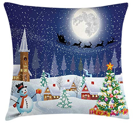 ABAKUHAUS Weihnachten Kissenbezug, Winterlandschaft, aus Farbfesten Waschbaren Stoff Beidseitiger Druck mit robusten Reißverschluß, 50 x 50 cm, Weiß Blau
