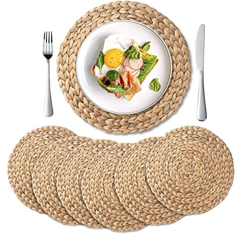 YANGQIHOME Platzset aus Wasserhyazinthe, rundes Tischset, handgemachte runde Platzdeckchen, Telleruntersetzer für Esstisch und Boho Deko (6er Set, 35 cm)