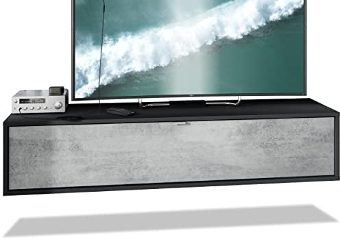 Vladon TV Board Lana 140 Hängeschrank Lowboard 140 x 29 x 37 cm, Made in Germany, Korpus in Schwarz matt, Fronten in Beton Oxid Optik | Große Farbauswahl