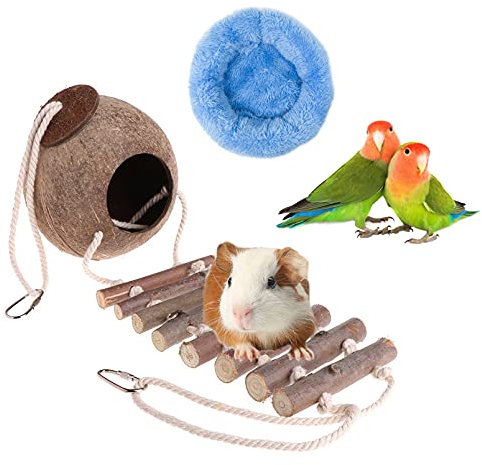 LLGLEU Kokosnussschale Vogelnest mit Leiter und Matte, Natürliches Kokosnuss Hamster Hängematte Hängendes Vogelnest Höhlen Schlafplätze Hamster Schaukel für Papageien Wellensittiche Finken (Typ1)