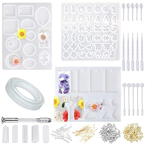 Resin Gießharz Silikonform, Epoxidharz Formen - DIY Schmuck Gießformen für Harz, 165 Pcs Resin Silikonform Schmuck Selber Machen Set - Resin Mold Schmuckherstellung Set für Anhänger/Ohrringe/Halskette