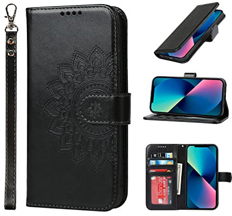 ELTEKER Custodia per iPhone 13 Pro, custodia a portafoglio per iPhone 13 Pro, con 3 scomparti per carte di credito, chiusura magnetica, in pelle, elegante goffratura, colore nero