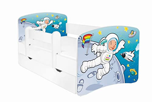 Kinderbett Jugendbett Hugo 70x140cm mit Matratze, Schublade und Abnehmbarem Geländer - Bett Schlafzimmer Kindermöbel Kinderbetten für Mädchen und Junge, Massivholz, Solide und Sicher - Astronaut