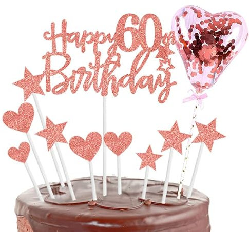 11pcs Rose Gold Happy 60th Birthday Cake Toppers,Personalised Cake Topper for Man&Woman,60th Birthday Cake Decorations Glitter Cupcake Toppers Cake Toppers Kits 5 Star 4 Heart with Balloon