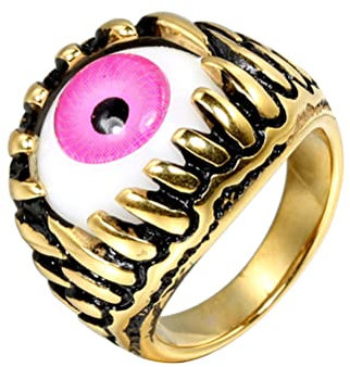 PAURO Hommes Acier Inoxydable Griffe de Dragon Diable maléfique Bague Tête de Mort Globe Oculaire Unique Yeux Roses Taille Or 62