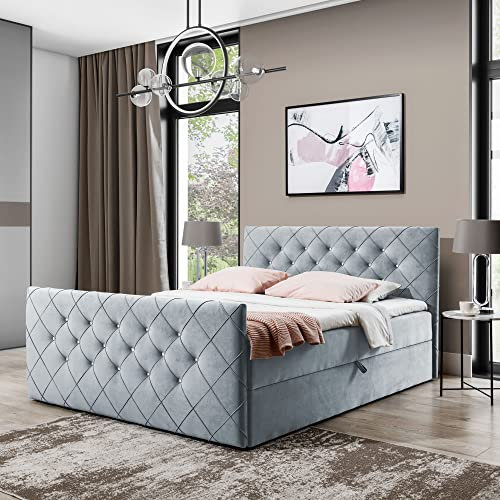Boxspringbett Doppelbett MONAKO - Bett mit Bonellmatratze, mit Bettkasten für Bettwäsche und Topper. Gepolstertes Kopfteil und Fussteil mit Einer eleganten Steppung verziert (Hell grau, 120x200)