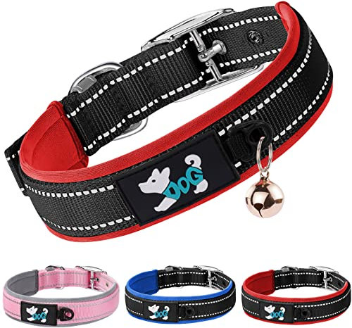 AUAUY Nylon Hundehalsband, Verstellbares Reflektierendes Hundehalsband, Weich Neopren Gepolstert Hundehalsband mit Sicherheitsschnalle Metallschnallen-D-Ring und Etikettenring für alle Rassen(Rot-S)