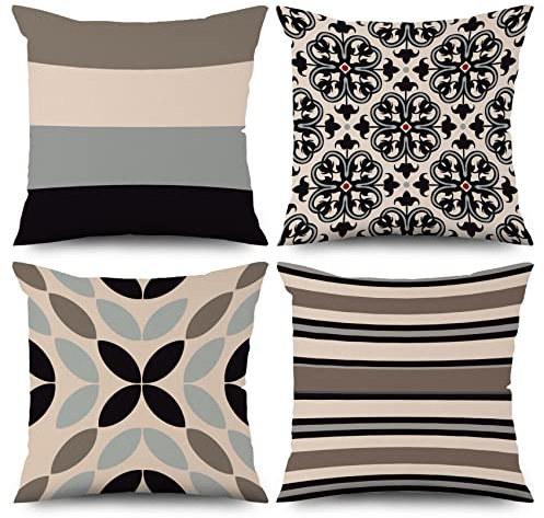 ASDCXZ Boho Kissenbezug 40x40 cm 4er Set, Moderne Geometrische Gestreifte Beige Grau Schwarz Sofa Dekokissen Kissenbezüge Kissenhülle Waschbar Polyester Flachs Textil Kopfkissenbezug Kissen Bezug