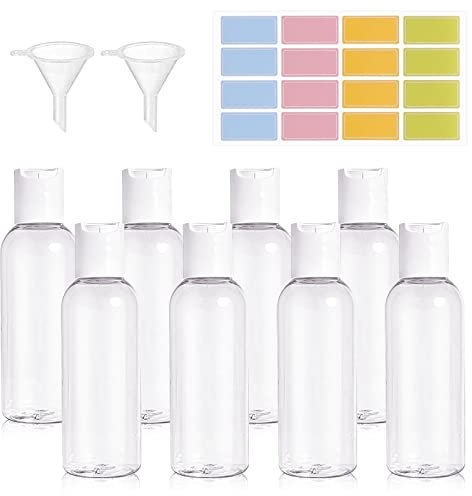 Ailvor 100ml Travel Bottles,Travel Bottles for Toiletries Empty Refillable,8pcs Clear Container Travel with 2 Funnels and Colorful Labels,Reuseable Plastic Travel Bottles for Shampoo Lotions Cosmetics
